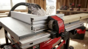 Close-up of the rack and pinion fence system on a Milwaukee cordless table saw for accurate cutting.