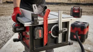 Illustration showing the on-board storage for the miter gauge and push stick on the cordless saw frame.