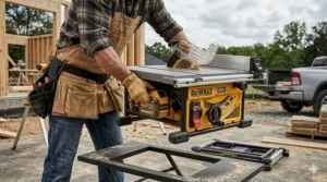 An illustration showing the lightweight design and carrying handle of a 60V cordless table saw for easy transport.