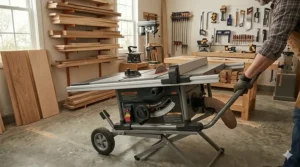 A mobile contractor table saw with a folding stand and heavy-duty wheels for transport.