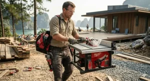 A single person easily carrying a compact Milwaukee cordless table saw by its ergonomic handle on a rocky outdoor construction jobsite in Hạ Long Bay, Vietnam.