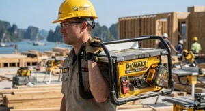 A side profile view of a worker carrying the DEWALT cordless table saw by its integrated metal roll cage handle, demonstrating one-handed portability.
