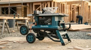 A Makita jobsite table saw folded down into its compact transport position.