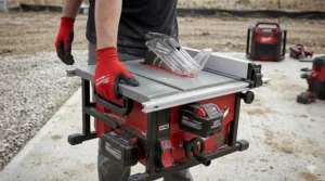A worker carrying the lightweight Milwaukee cordless table saw using the integrated side handle.