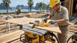 A DeWalt cordless table saw ripping a 4x8 sheet of plywood with precision on a job site.