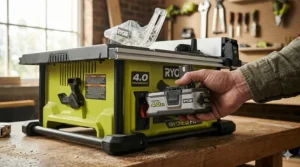 Close-up of a Ryobi 18V ONE+ High Performance battery being inserted into a cordless table saw.