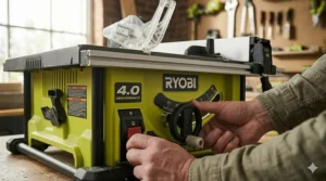 Adjusting the bevel angle and blade depth on a Ryobi cordless table saw for precision cuts.