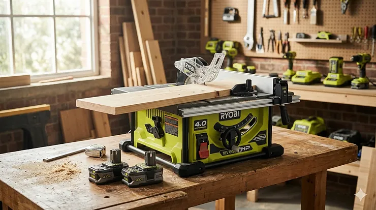 A Ryobi 18V ONE+ HP brushless cordless table saw on a workbench with wood materials. ryobi cordless table saw