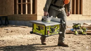 A compact Ryobi cordless table saw being carried to a remote jobsite for easy setup.