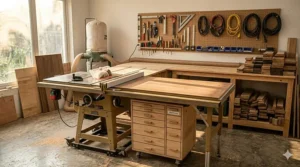 Wide-angle photorealistic illustration of a contractor table saw integrated into a multi-functional workbench system in a compact home workshop.
