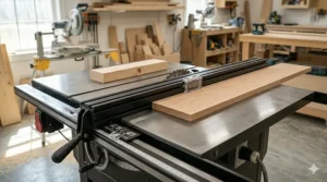 A high-quality T-square style rip fence typically found on premium hybrid table saws for accurate cuts.