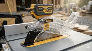 Detailed view of the transparent blade guard and anti-kickback pawls on a cordless table saw.