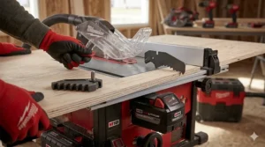 View of the modular blade guard and riving knife installed on a Milwaukee M18 fuel table saw.
