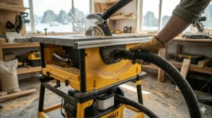 Illustration of an efficient dust collection system on a table saw under 1000 dollars.