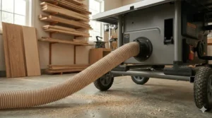 The rear dust port of a contractor saw connected to a vacuum hose for a clean workspace.