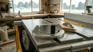 An adjustable miter gauge in a T-slot for making precise crosscuts and angled cuts.