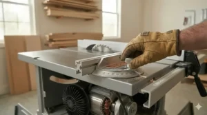 A miter gauge being adjusted in the T-slot of a contractor table saw for crosscuts.