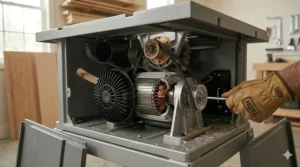 Interior view of a powerful 15-amp motor assembly on a budget-friendly contractor saw.