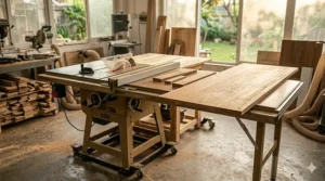Photorealistic illustration of a contractor table saw with an outfeed extension table supporting a massive timber panel.
