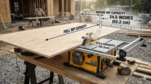 A technical diagram showing the wide rip capacity of a cordless table saw kit for cutting large plywood sheets.