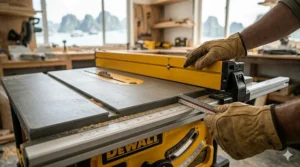 Close-up of a contractor table saw fence showing a 30-inch rip capacity for cutting large plywood sheets.