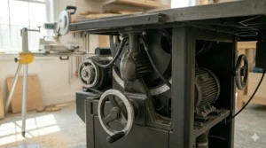 Technical drawing of table-mounted trunnions on a contractor saw versus cabinet-mounted trunnions on a hybrid model.