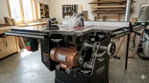 Close-up illustration of a powerful 2 HP induction motor inside a hybrid table saw housing.