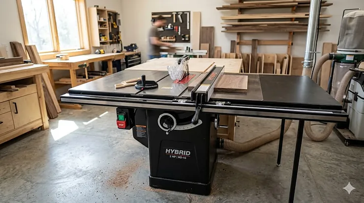 A professional 2 HP hybrid table saw with a cast iron top and rip fence set up in a woodworking shop.