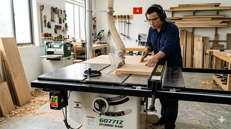 Professional hybrid table saw with cast iron top and T-glide fence system in a woodworking shop. hybrid table saw under 2000