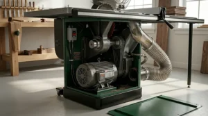 Internal view of a 3HP induction motor and triple V-belt drive system for a cabinet table saw under 5000 dollars.