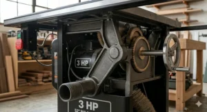Illustration of heavy-duty cast iron trunnions mounted to the cabinet frame for reduced vibration and blade stability.