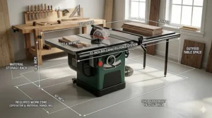 Floor plan illustration showing the space requirements for a full-size cabinet table saw with extension wings.