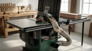 Illustration showing the internal dust collection shroud and 4-inch port of a heavy-duty cabinet saw.