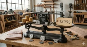 Infographic comparing features of top-rated cabinet table saws under 3000 dollars including horsepower and warranty.