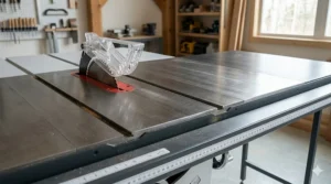 Precision-ground cast iron wings and table surface on a mid-range hybrid table saw.