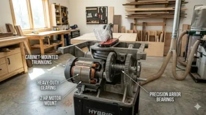 Precision-ground cast iron work surface of a 2 HP hybrid table saw with standard miter slots.