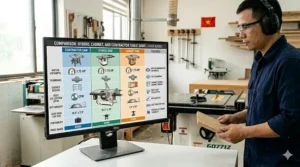Comparison chart showing differences between contractor, hybrid, and cabinet table saws under $2000.