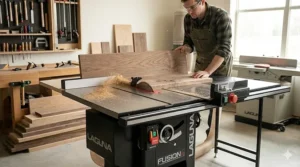 Woodworker using the Laguna Fusion hybrid saw to make a precise rip cut on a walnut board.