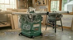 Detail of the chrome-plated handwheels used for adjusting blade height and bevel angle on a Grizzly hybrid table saw.