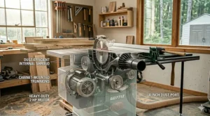 Illustration of the 4-inch dust port and internal blade shroud designed for efficient waste management on a Grizzly hybrid saw.