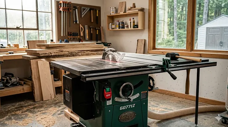 A Grizzly hybrid table saw featuring a heavy-duty cast iron table and enclosed cabinet base in a professional woodworking shop.