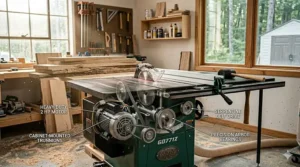 Technical illustration showing the internal 2 HP motor and serpentine belt drive system of a Grizzly hybrid table saw.