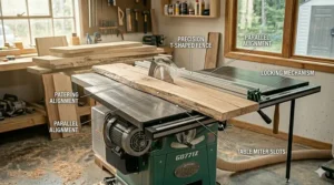 Overhead view of the T-shaped rip fence system providing accurate longitudinal cuts on a Grizzly hybrid woodworking saw.