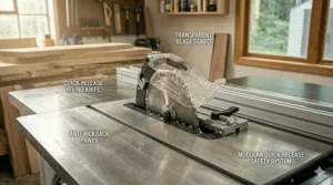 A transparent blade guard and quick-release riving knife installed on a Grizzly hybrid table saw for operator safety.