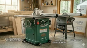 Infographic comparing the footprint and power of a Grizzly hybrid table saw against a standard open-stand contractor saw.