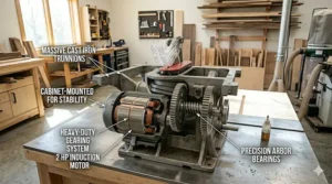 Illustration showing cabinet-mounted trunnions for improved stability and blade alignment on a 2 HP saw.