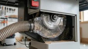 Close-up of an efficient dust collection port on a hybrid table saw under 1500 dollars.