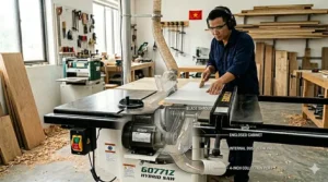 Technical drawing of an enclosed cabinet dust collection system with a 4-inch port on a hybrid saw.