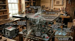 Technical drawing of heavy-duty cabinet-mounted trunnions inside a hybrid table saw for improved blade alignment.