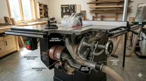 Diagram showing the efficient dust collection shroud and port on a 2 HP hybrid table saw.